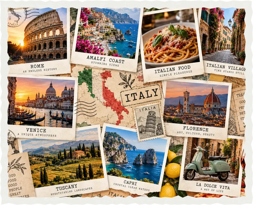Vintage postcard collage of Italy: Rome, Venice, Florence, Amalfi Coast, Tuscany and Capri
