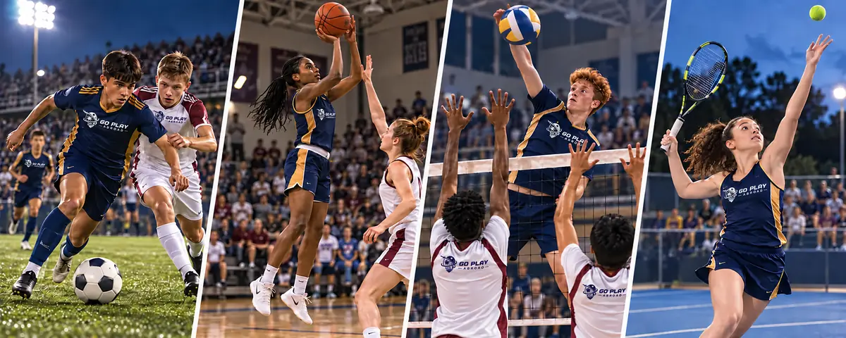Youth athletes in navy Go Play Abroad kits playing soccer, basketball, volleyball and tennis in a floodlit stadium