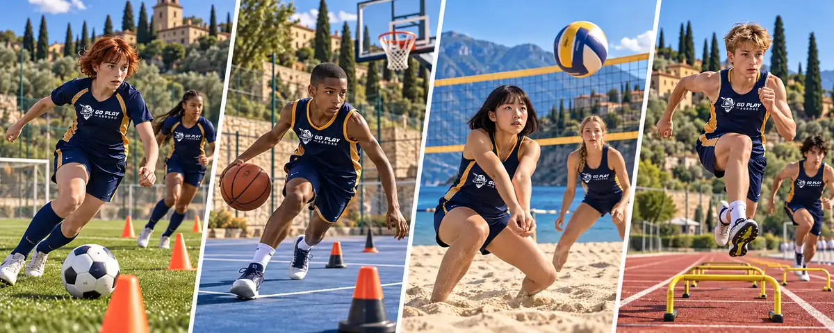 Youth athletes in navy Go Play Abroad kits training in soccer, basketball, beach volleyball and athletics in a hilltop Italian setting