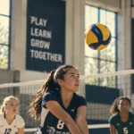 Female volleyball player digging the ball in an indoor gym during an in-season sports program in Italy