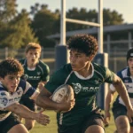 Rugby player carrying the ball past defenders on a grass pitch in Italy