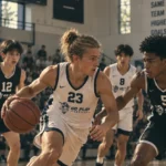 Basketball player dribbling past defenders on an indoor court during an in-season program in Italy