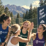 Teen tennis players celebrating together at the net with the Dolomites in the background, Italy