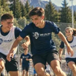 Young soccer players competing for the ball on a pitch in the Dolomites, Italy