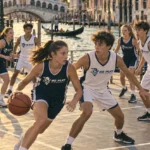 Teen basketball game on an outdoor court in Venice with the Rialto Bridge in the background, Italy