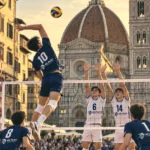 Volleyball match on an outdoor court in front of the Florence Cathedral dome, Italy