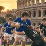 Rugby match on a grass pitch with the Colosseum in the background in Rome, Italy
