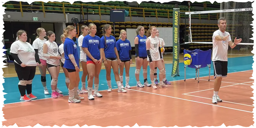 NBC volleyball travel team training with an Italian coach in an indoor arena